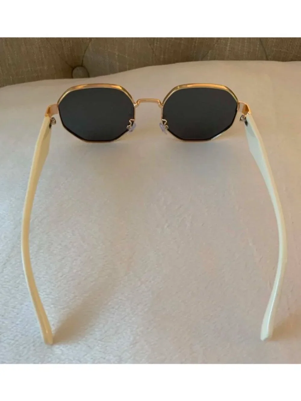 Unisex Octagon Gold Frame Sunglasses With Grey/Black Lenses & Ivory White Arms